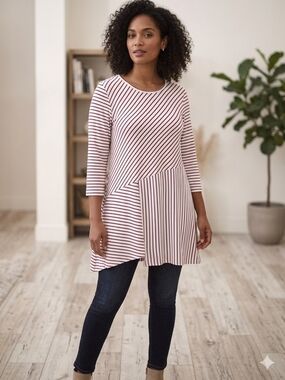 Blue Sky Red & White Striped Asymmetrical Tunic Size Med